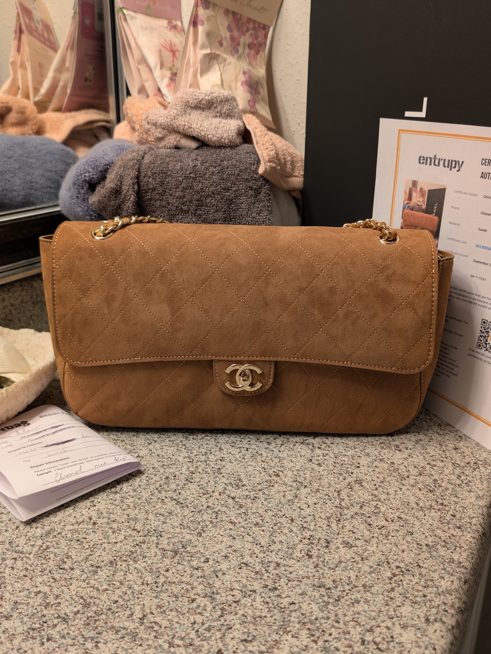 Chanel Quilted Suede Double Flap Shoulder Bag - Camel